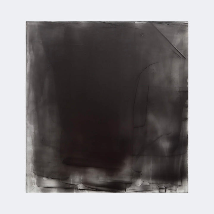 The artwork "Graphite Veil 7" by Debra Ramsay features a large, abstract composition dominated by deep charcoal and graphite tones with layered, smoky textures. The piece evokes the delicate blending and atmospheric effects seen in the works of Mark Rothko and Gerhard Richter, emphasizing soft edges and subtle geometric shapes within a square format.