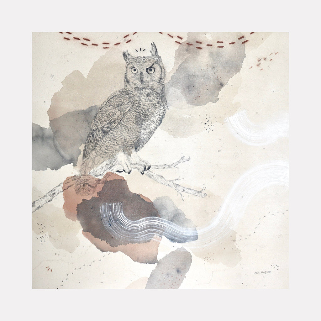 The artwork "Great Horned Owl, Fabled Wisdom and Power" features a detailed pencil sketch of a great horned owl perched on a branch, surrounded by abstract watercolor washes in muted earth tones of beige, brown, and gray, with white and rust-colored accents creating texture and movement. By Alicia Hauff.