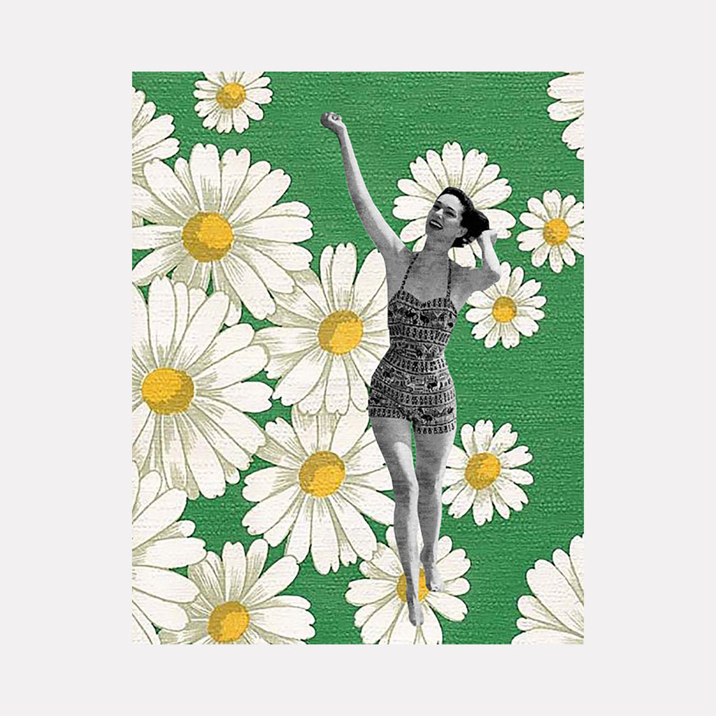 The artwork "Green Daisy Bather" features a vintage-style black and white female figure in a patterned swimsuit, posed joyfully against a textured green background filled with large, detailed white daisies with yellow centers. The piece combines photographic realism with botanical illustration. By Theresa Gooby.