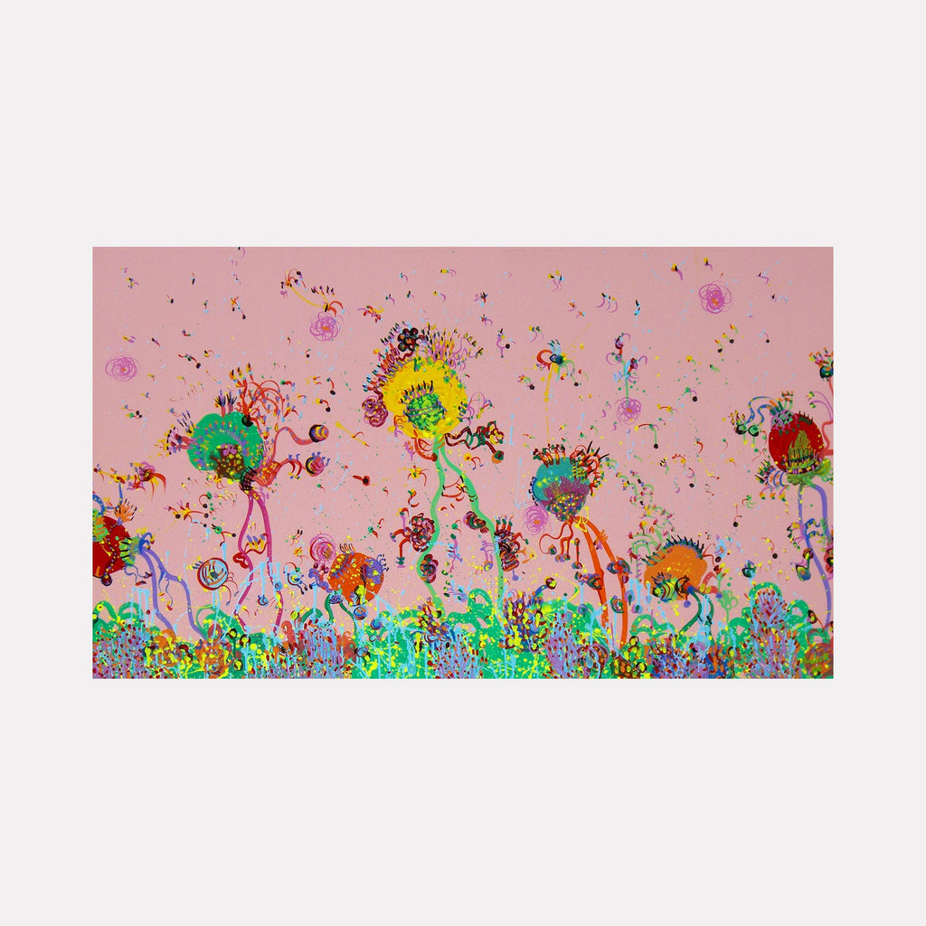 The artwork "Green Grass" by Avani Patel features an abstract landscape with vibrant organic forms resembling flowers and plants in bright greens, yellows, reds, and blues set against a soft pink background. The intricate textures and playful lines evoke the energetic abstraction of Wassily Kandinsky and the whimsical forms seen in Joan Miró’s works.