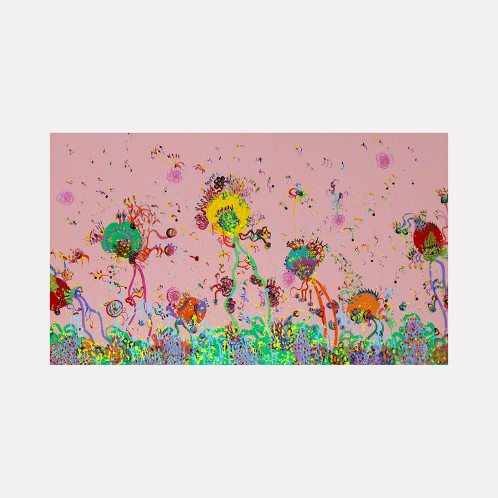 The artwork "Green Grass" by Avani Patel features an abstract landscape with vibrant organic forms resembling flowers and plants in bright greens, yellows, reds, and blues set against a soft pink background. The intricate textures and playful lines evoke the energetic abstraction of Wassily Kandinsky and the whimsical forms seen in Joan Miró’s works.