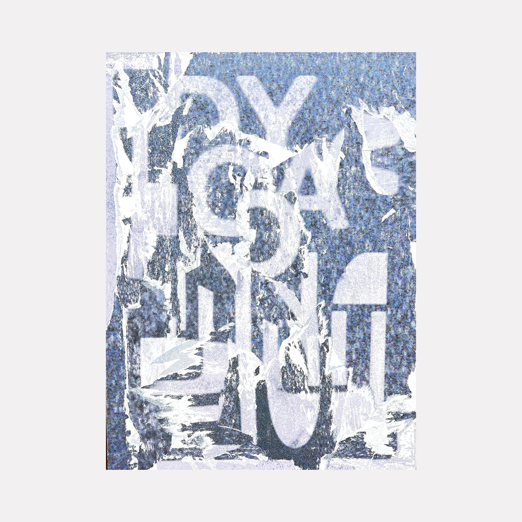 The artwork "Grey Convo 1" features a textured abstract composition with layered fragments of white and grey shapes over a muted blue background. The piece combines rough, torn paper-like textures with fragmented typography elements, creating a dynamic, collage-style visual effect. By Amy Turner.