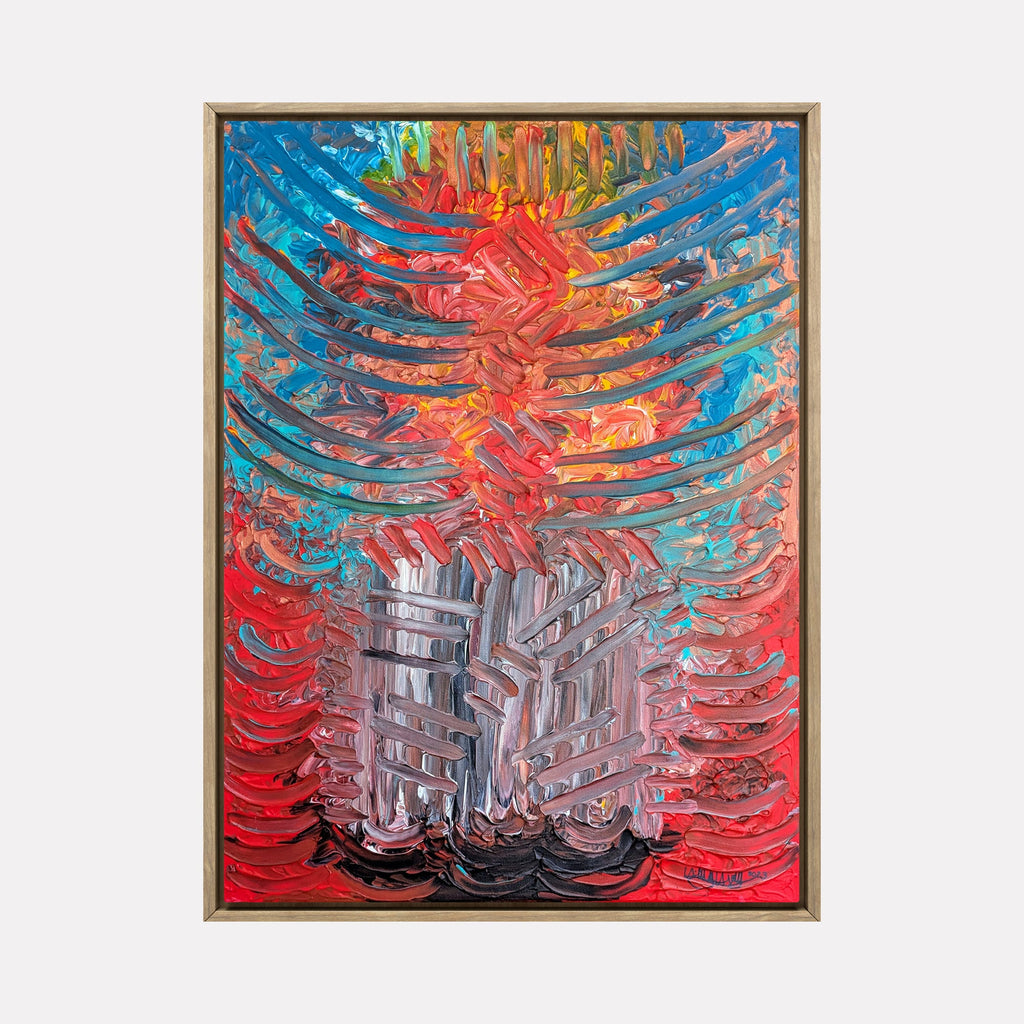 The artwork "Gutted by Grief" by Hillary Hany features thick, expressive layers of paint in vivid reds, blues, and grays, forming dynamic, curved brushstrokes that convey intense emotion and movement. The textured, impasto technique and abstract composition evoke the raw expressionism of Willem de Kooning and the bold color contrasts seen in Franz Kline's work.