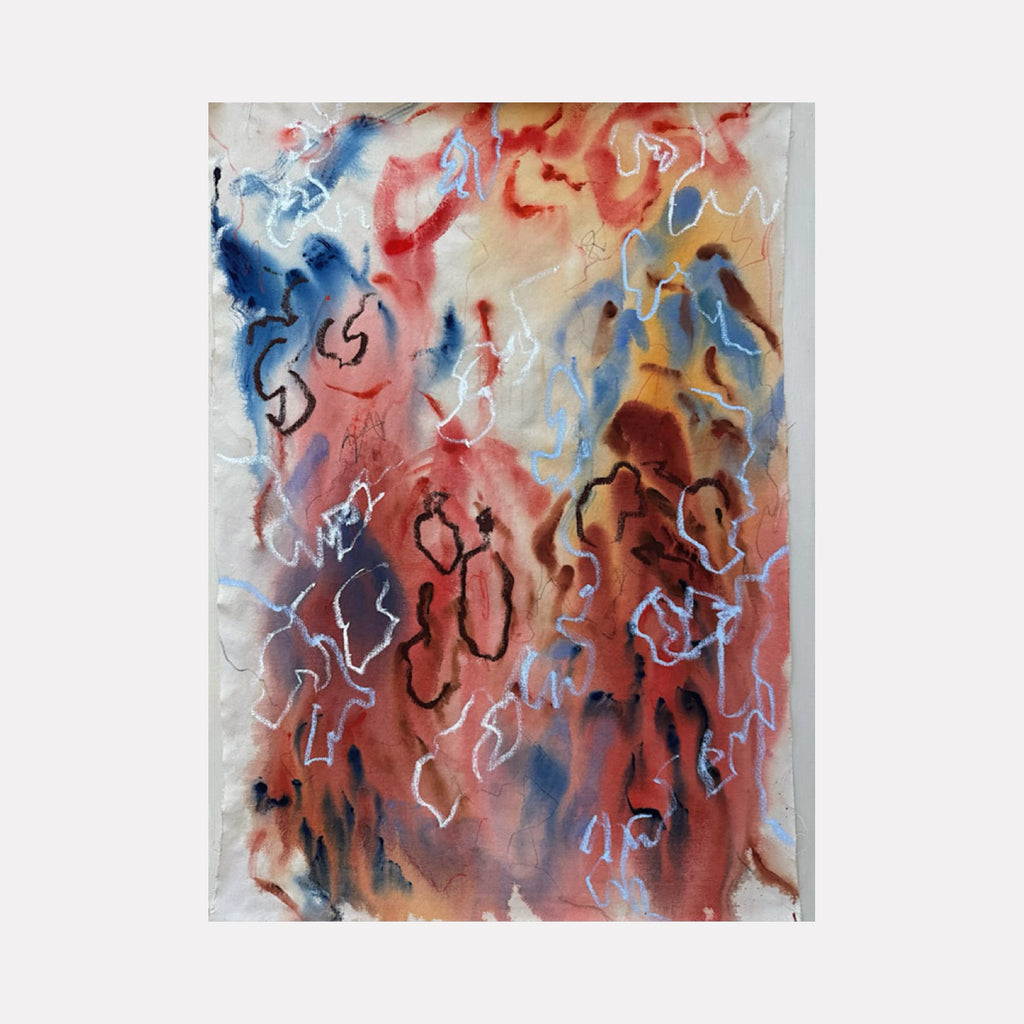 The artwork "Hello, Goodbye" by Adele Marchant features an abstract composition with fluid, watercolor-like washes of red, blue, beige, and brown blending seamlessly. The piece incorporates delicate, sketchy line drawings in black, white, and blue, reminiscent of Cy Twombly's expressive style and the organic forms seen in Joan Miró's work, evoking a sense of movement and emotional depth.