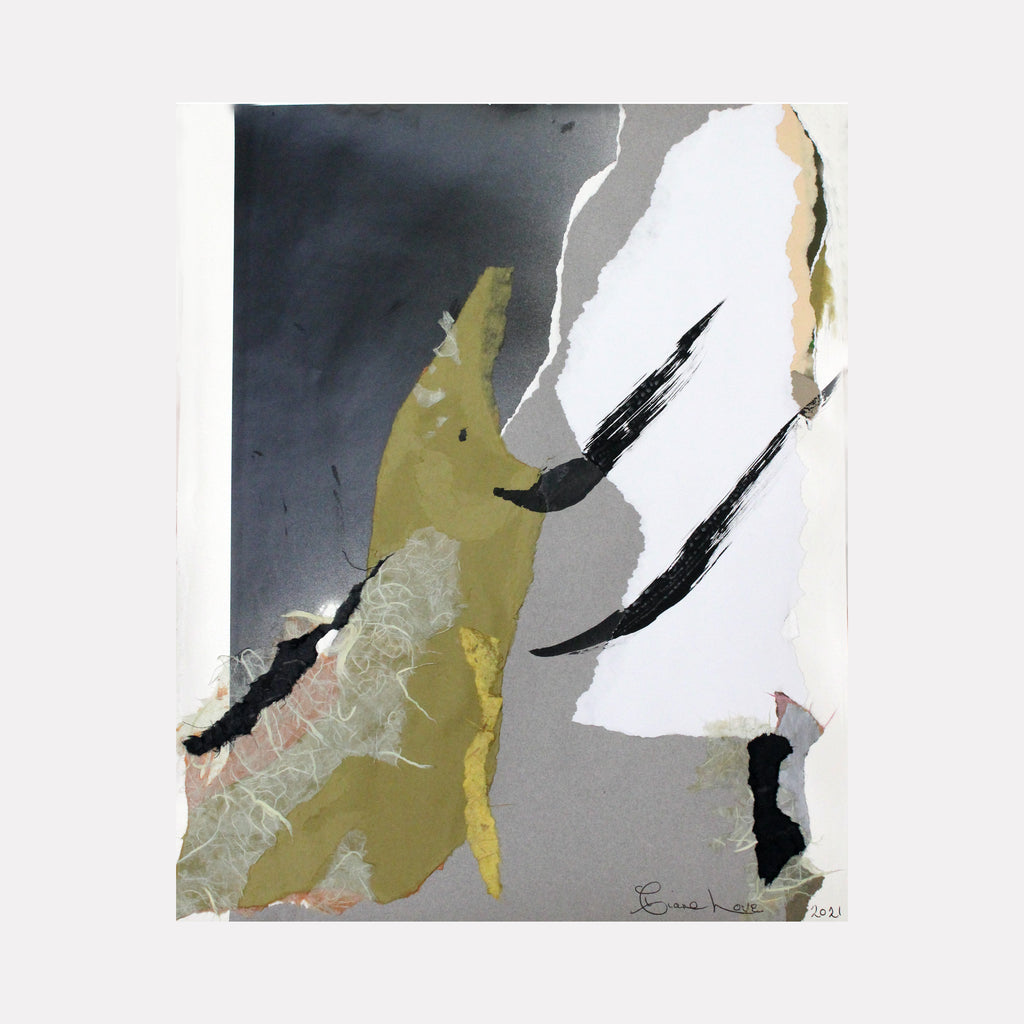 HIDDEN by Diane Love is an elegant mixed media collage that fuses layered torn papers in muted tones of gray, white, and soft gold with fluid black brushstrokes. The composition gently balances textured surfaces and sweeping marks to evoke a quiet, abstract exploration of contrast and subtle depth.