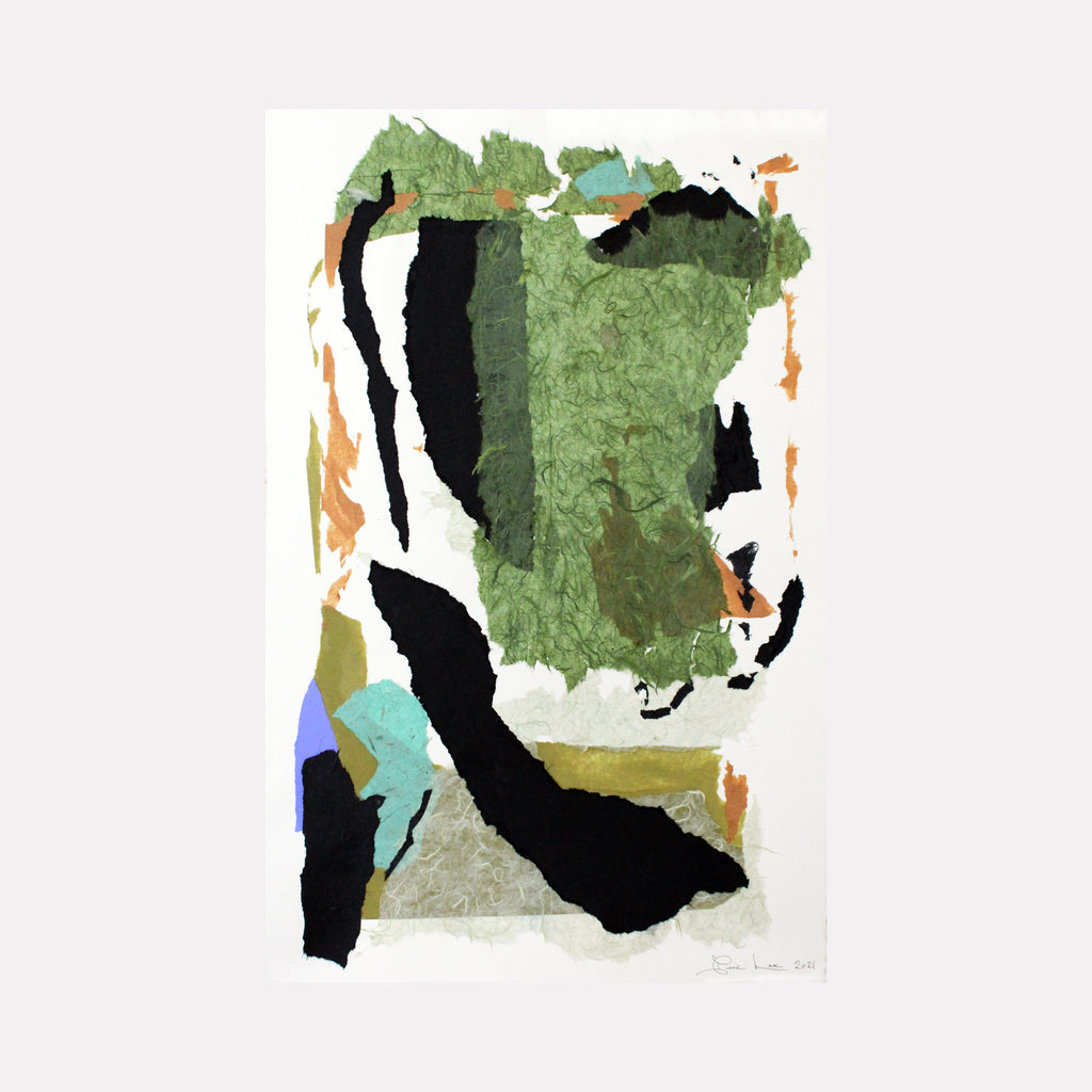 HIP HOP by Diane Love features an abstract mixed media collage with layered torn paper in green, black, tan, and muted blue hues. The composition presents textured overlaps and jagged shapes, evoking a lively, rhythmic energy that reflects a dynamic and expressive visual narrative.