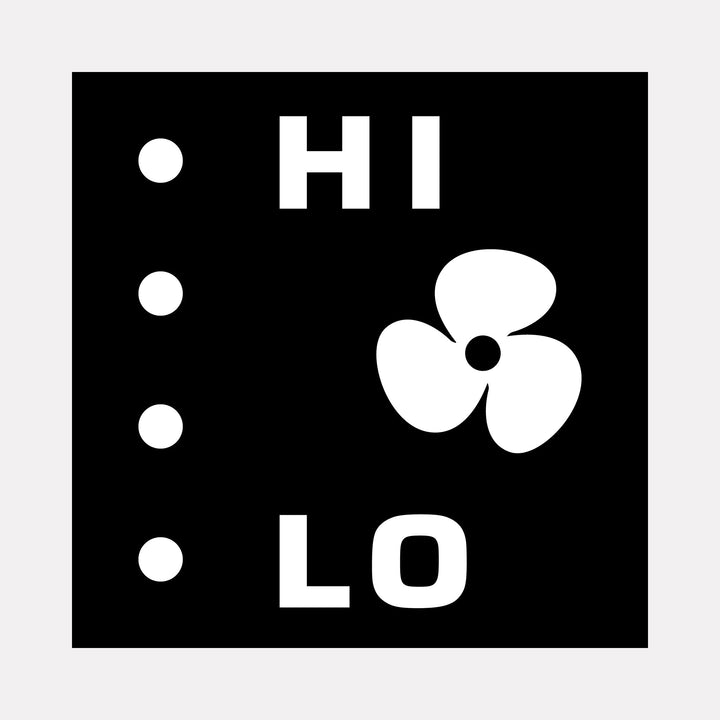 The artwork "HI LO" by Harold Herb features a bold black square background with clean white geometric shapes, including four circular dots aligned vertically on the left and a stylized three-blade fan shape on the right. The minimalist composition draws on the graphic clarity of Bauhaus design and echoes the stark contrasts found in Kazimir Malevich’s suprematist works.
