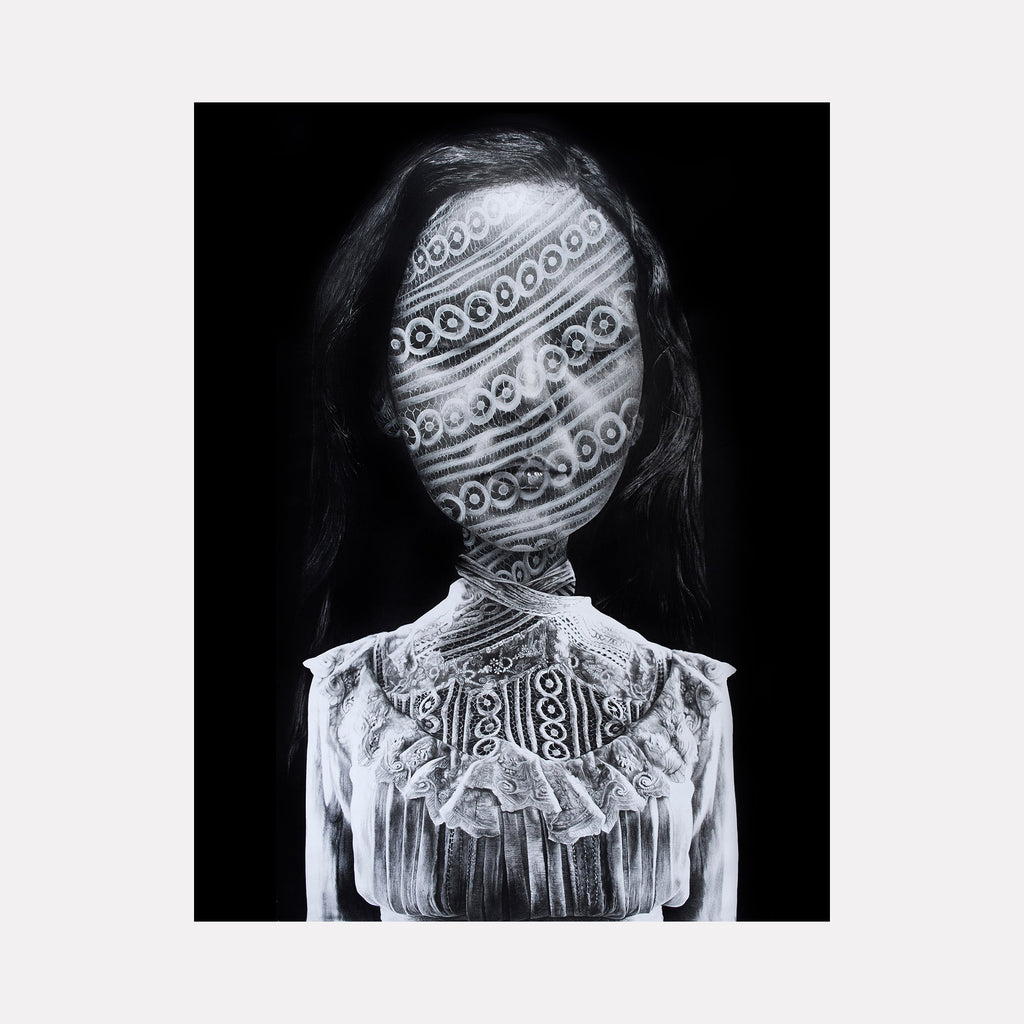 The artwork "HUNTING BUTTERFLIES I" by Lisyanet Rodriguez features a haunting black-and-white portrait of a figure whose face and neck are obscured by intricate lace-like patterns. The detailed textures evoke a delicate yet unsettling mood, blending figurative and abstract elements reminiscent of Cindy Shermanâ€™s conceptual portraits and the surreal layering found in Kiki Smithâ€™s mixed media works.
