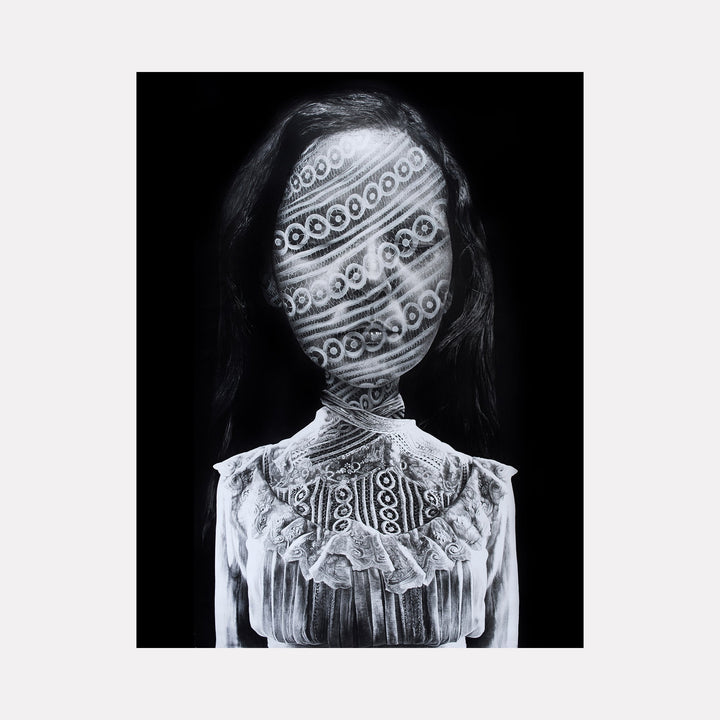 The artwork "HUNTING BUTTERFLIES I" by Lisyanet Rodriguez features a haunting black-and-white portrait of a figure whose face and neck are obscured by intricate lace-like patterns. The detailed textures evoke a delicate yet unsettling mood, blending figurative and abstract elements reminiscent of Cindy Shermanâ€™s conceptual portraits and the surreal layering found in Kiki Smithâ€™s mixed media works.