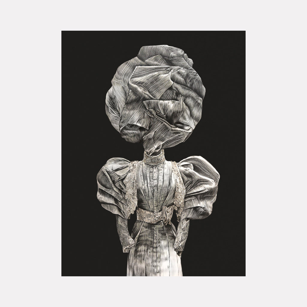 The artwork "HUNTING BUTTERFLIES II" by Lisyanet Rodriguez features a monochromatic abstract figure dressed in an intricately textured gown with exaggerated, voluminous sleeves and headpiece. The detailed, sculptural fabric folds evoke a surreal, almost ghostly presence, reminiscent of the dramatic textiles in works by Gerhard Richter and the ethereal elegance found in Marlene Dumasâ€™ portraits.