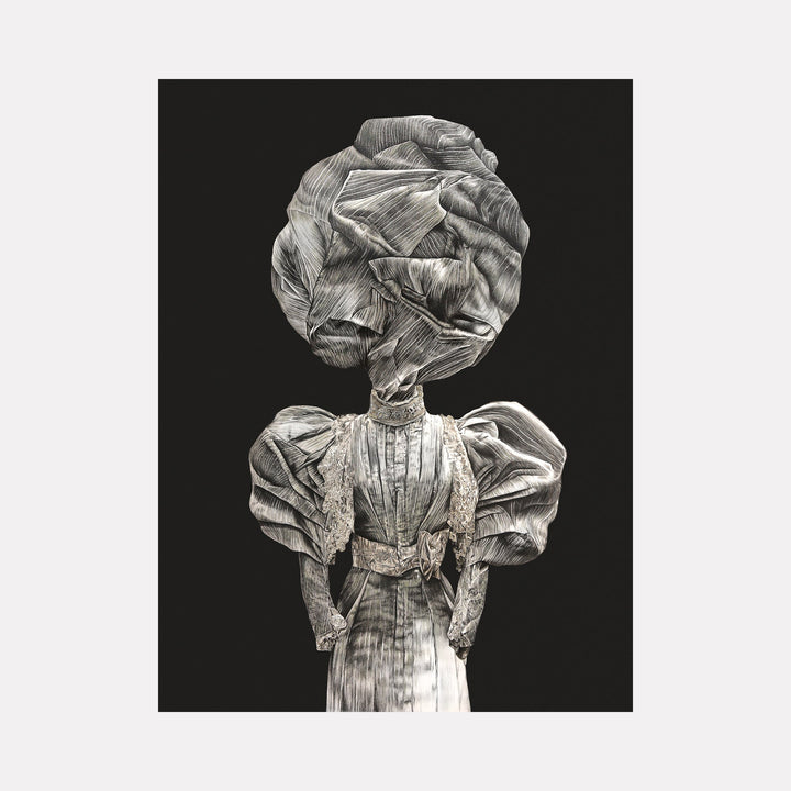 The artwork "HUNTING BUTTERFLIES II" by Lisyanet Rodriguez features a monochromatic abstract figure dressed in an intricately textured gown with exaggerated, voluminous sleeves and headpiece. The detailed, sculptural fabric folds evoke a surreal, almost ghostly presence, reminiscent of the dramatic textiles in works by Gerhard Richter and the ethereal elegance found in Marlene Dumasâ€™ portraits.