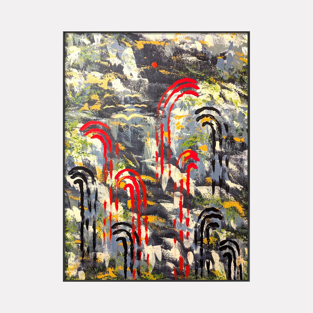 The artwork "Halcyon" by Hillary Hany presents an abstract composition with vertical, arching brushstrokes in vivid red and deep black, set against a layered background of muted grays, yellows, and olive greens. The textured interplay and expressive forms evoke the dynamic abstraction of Franz Kline and the energetic color contrasts characteristic of Joan Mitchell.