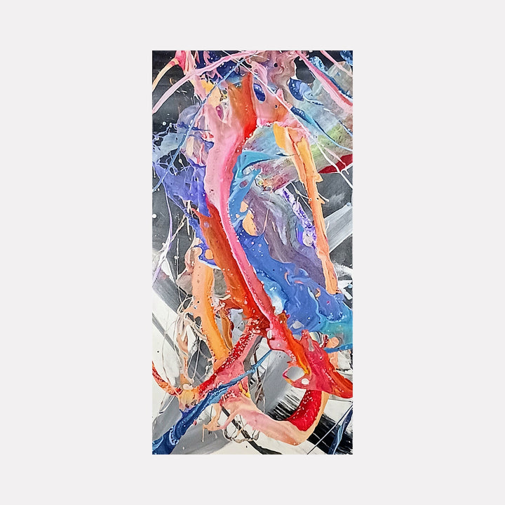 The artwork 'Happiness' by Nicholas Franklin features dynamic brushstrokes in vibrant coral, electric blue, and peach tones swirling against a misty gray background. Abstract forms create a sense of movement and energy, with bold acrylic paint strokes interweaving in a dance-like pattern across the canvas.