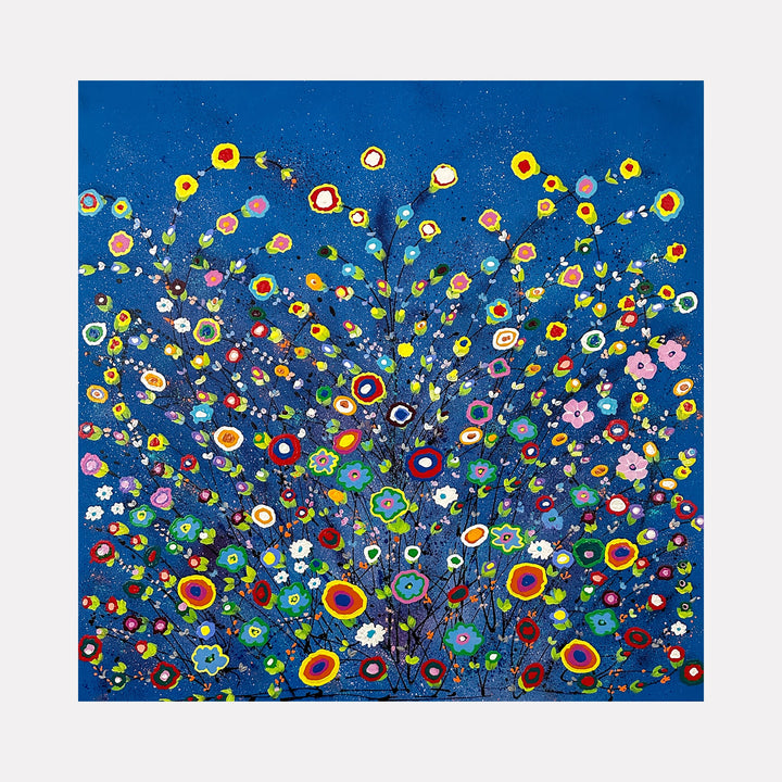 The artwork "Happy Cheerful Wow Wow Wow" features a vibrant array of colorful, abstract floral shapes with concentric circles and delicate stems set against a rich blue background. The style evokes playful elements reminiscent of Yayoi Kusama's polka dots and Joan Miró's surreal organic forms. Painted with lively textures, by Dorothea Sandra.