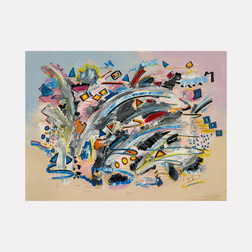 The artwork "Happy City In Motion" features dynamic abstract forms with sweeping black and gray strokes interspersed with vibrant reds, yellows, blues, and oranges, evoking movement and energy. The composition includes geometric shapes like squares and triangles, reminiscent of Wassily Kandinsky’s expressive style, blending fluidity and structure on a soft pastel background. Created by Dorothea Sandra.