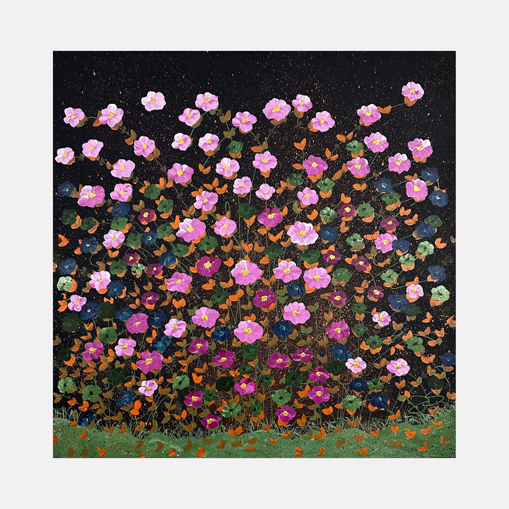 The artwork "Happy Flowers Rooted In Soil" features a dense cluster of delicate pink and purple flowers set against a dark, textured background, evoking a sense of depth and richness reminiscent of Gustav Klimt’s ornamental style. The vibrant foliage and scattered orange petals add a lively contrast, blending impressionistic and modern elements. By Dorothea Sandra.