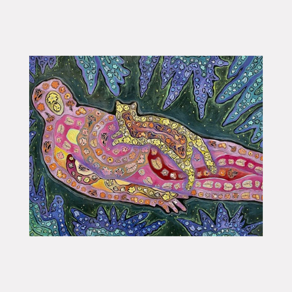 The artwork "Happy Place" depicts a stylized human figure reclining with a small cat resting on their chest, composed of intricate, colorful patterns and shapes in shades of pink, yellow, red, and purple. The background features dark green and deep blue leafy textures, creating a peaceful, abstract scene. By Laurie Shapiro.