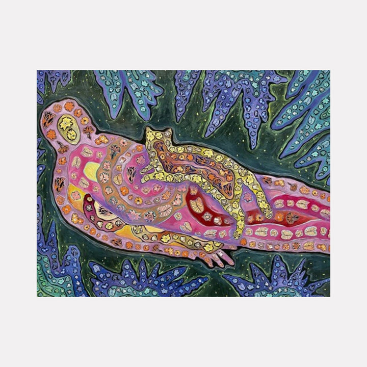 The artwork "Happy Place" depicts a stylized human figure reclining with a small cat resting on their chest, composed of intricate, colorful patterns and shapes in shades of pink, yellow, red, and purple. The background features dark green and deep blue leafy textures, creating a peaceful, abstract scene. By Laurie Shapiro.
