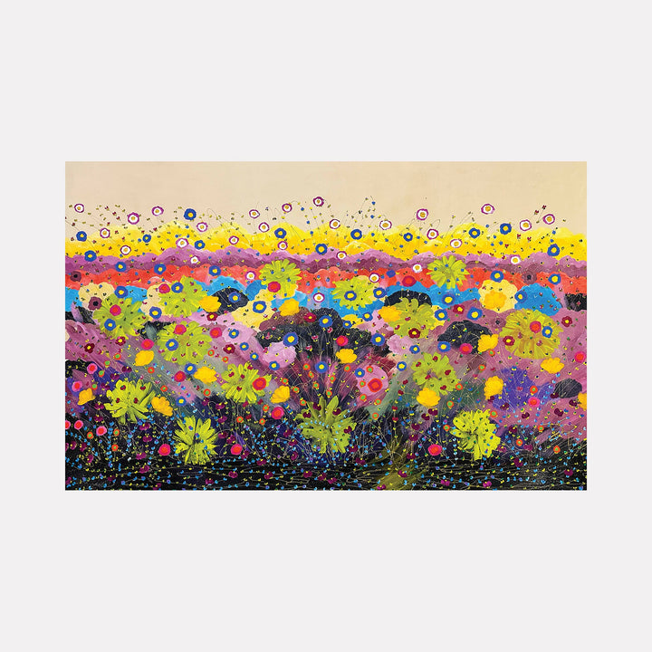 The artwork "Happy Sustainable Memories" by Dorothea Sandra features a vibrant landscape of densely packed, abstract floral forms in bright yellows, blues, pinks, and purples layered against a soft beige background. The textured, dot-like details and playful, organic shapes evoke a lively, celebratory atmosphere reminiscent of Yayoi Kusama’s polka dot motifs and Joan Mitchell’s energetic floral abstractions.