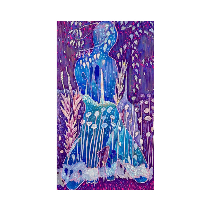 The artwork "Healing, Learning, Growing" features a blue, abstract figure surrounded by delicate white floral shapes and tall, slender stems against a vibrant purple and pink textured background, evoking themes of growth and transformation. The piece combines organic forms and flowing lines in a modern, expressive style. Laurie Shapiro.