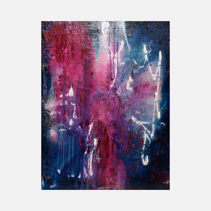 The artwork "Heart Opener" by Deborah Chaney features a dynamic blend of deep magentas, rich purples, and dark blues layered with textured brushstrokes and dripping paint effects. The abstract composition evokes the fluidity and emotion found in works by artists like Joan Mitchell and Mark Rothko, combining expressive color fields with energetic, spontaneous marks.