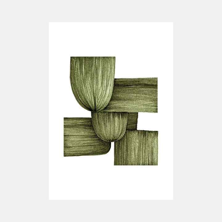 The artwork "Held Together" by Alina Glotova features a minimalist abstract composition with overlapping organic and rectangular shapes in textured shades of green. The brushstroke details create a sense of depth and connection, evoking the subtle abstraction and natural forms seen in works by Agnes Martin and Ellsworth Kelly.