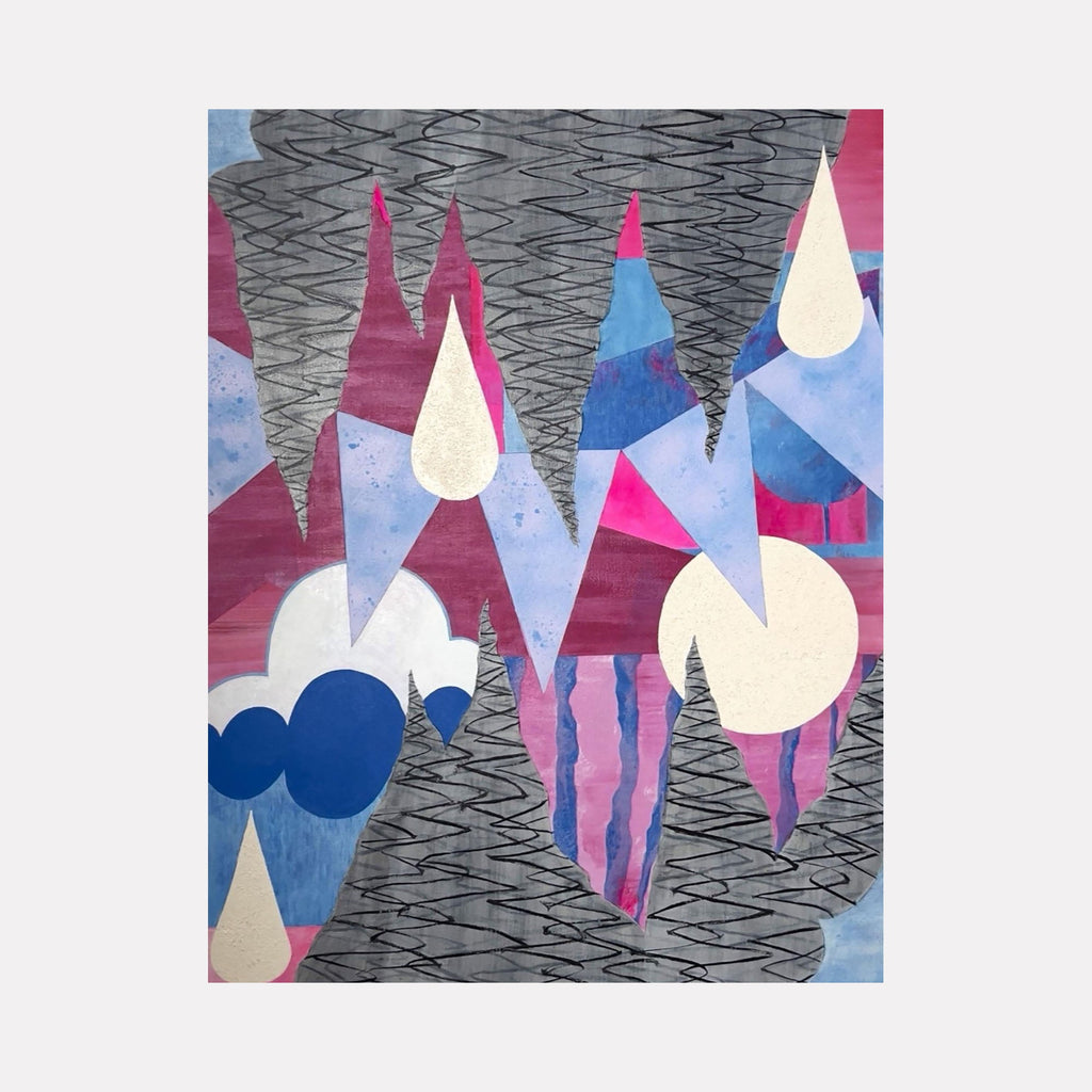 The artwork "Hibernator" features an abstract composition with sharp, jagged shapes in shades of gray, pink, blue, and purple. The piece includes teardrop and circular forms with textured patterns, blending smooth gradients and rough, scribbled lines. The dynamic layout creates a sense of depth and movement. By Tyler Sorgman.