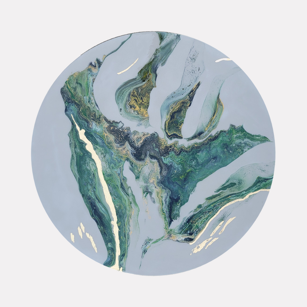 Higher Love by Swann Freslon showcases a circular abstract design with swirling patterns in shades of green, blue, and gold, blending fluid textures with delicate, shimmering accents that create a sense of depth and organic movement within a serene, ethereal composition.