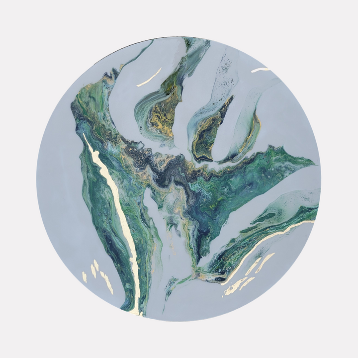 Higher Love by Swann Freslon showcases a circular abstract design with swirling patterns in shades of green, blue, and gold, blending fluid textures with delicate, shimmering accents that create a sense of depth and organic movement within a serene, ethereal composition.