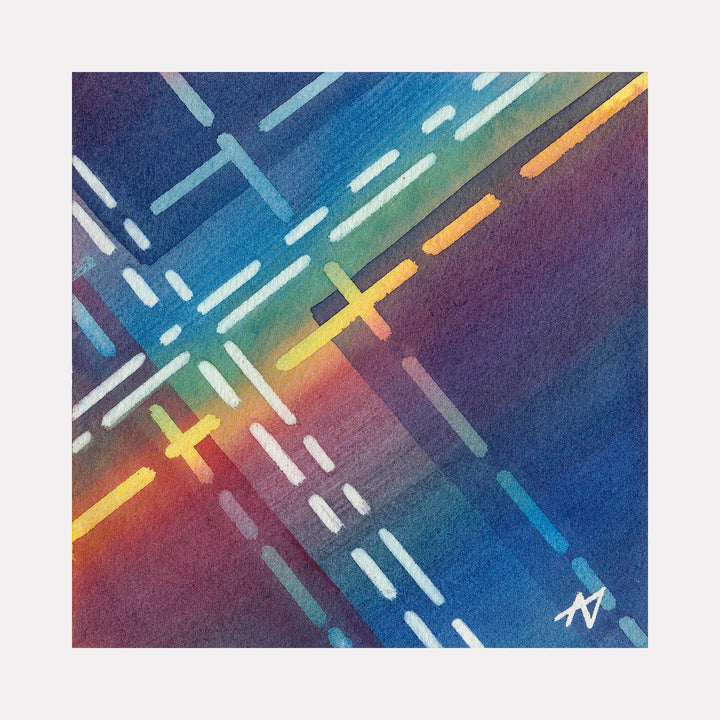 The artwork 'Highline' by Arthur Norcome features a dynamic abstract watercolor composition with intersecting dashed lines in yellow, white, and light blue against a gradient background transitioning from deep purple to vibrant blue. The geometric pattern creates a sense of movement and depth through crossing diagonal strokes, reminiscent of city lights or digital pathways, painted in a contemporary minimalist style.