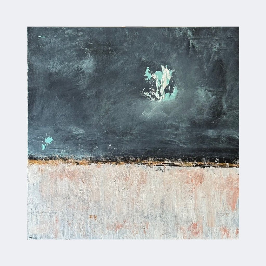 The artwork "Hint of a Daydream" by Tammy Kushnir features a textured abstract composition with a stark division between a dark, stormy upper half in deep charcoal and muted teal tones, and a lighter, earthy lower half in soft beige, cream, and blush hues. Its style echoes the atmospheric qualities of Mark Rothko’s color field paintings, evoking contemplative mood and subtle emotion.