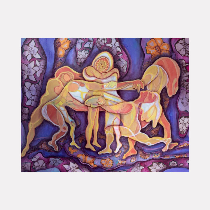 The artwork "Hold Me Close, Push Me Far" features abstract human figures intertwined in warm tones of orange, yellow, and pink against a textured purple and blue background with floral patterns. The composition evokes movement and emotional tension with fluid lines and layered shapes. By Laurie Shapiro.