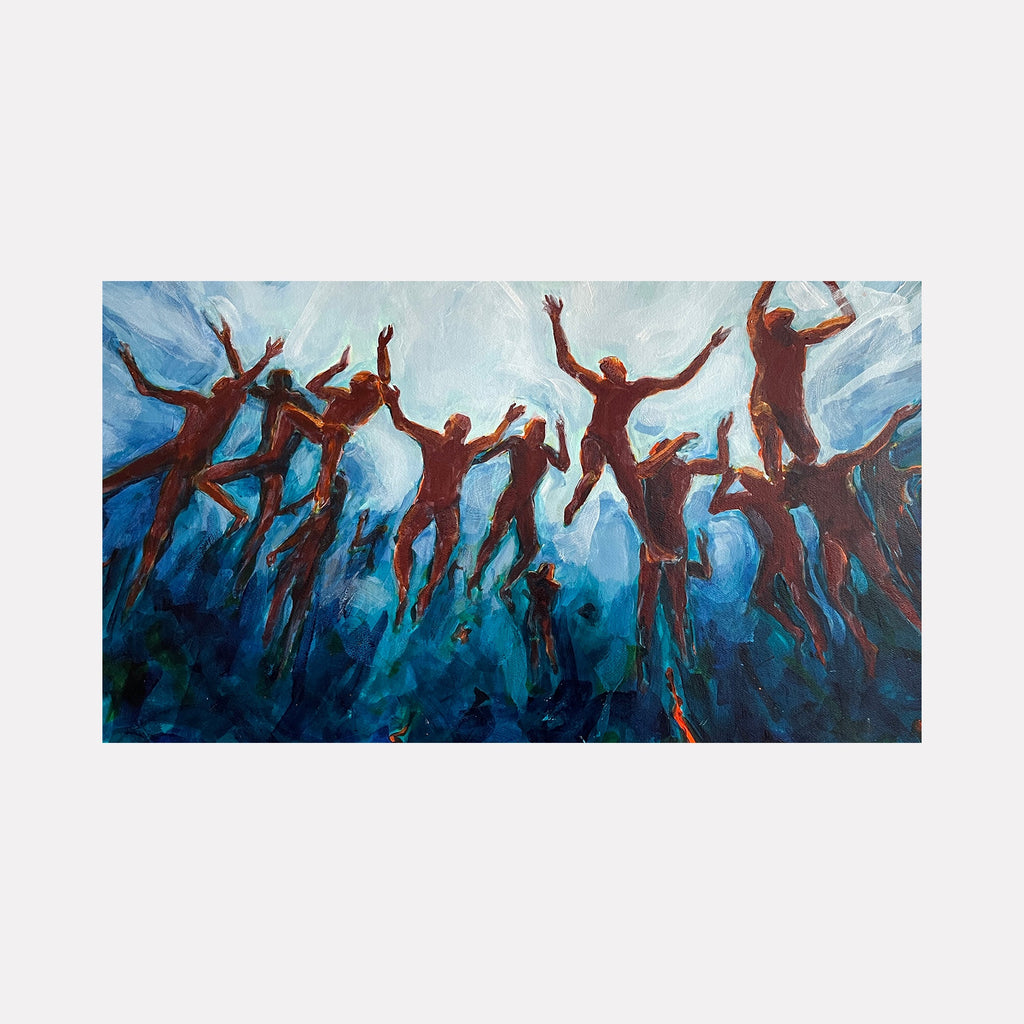 The artwork "Holy Host of Others" by Jo Carol Mitchell-Rogers depicts a group of silhouetted human figures in dynamic, expressive poses, seemingly leaping or ascending against a swirling backdrop of blues and whites. The style evokes the fluid motion and emotional intensity reminiscent of Marc Chagall’s dreamlike scenes and the bold, figurative abstraction of Egon Schiele.