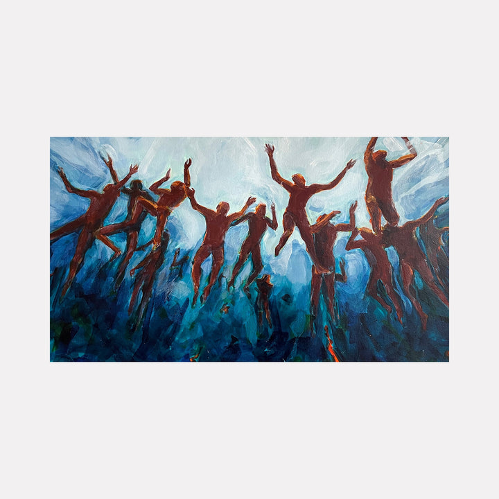 The artwork "Holy Host of Others" by Jo Carol Mitchell-Rogers depicts a group of silhouetted human figures in dynamic, expressive poses, seemingly leaping or ascending against a swirling backdrop of blues and whites. The style evokes the fluid motion and emotional intensity reminiscent of Marc Chagall’s dreamlike scenes and the bold, figurative abstraction of Egon Schiele.