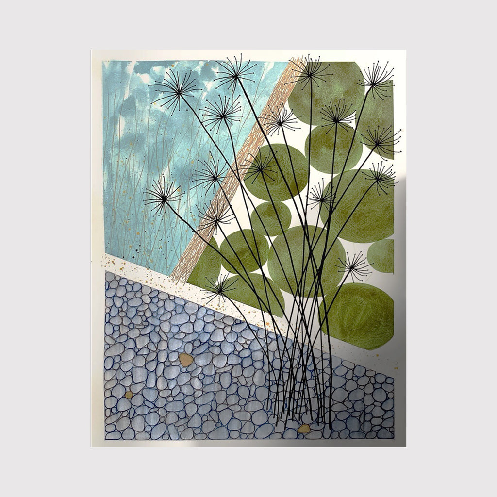 The artwork 'Hope' by Jocelyn Benford features delicate black dandelion stems rising from a textured grey stone path, set against a backdrop of olive-green circular leaves and a serene turquoise sky. The watercolor and mixed media composition creates a tranquil botanical scene with minimalist elements and nature-inspired textures.