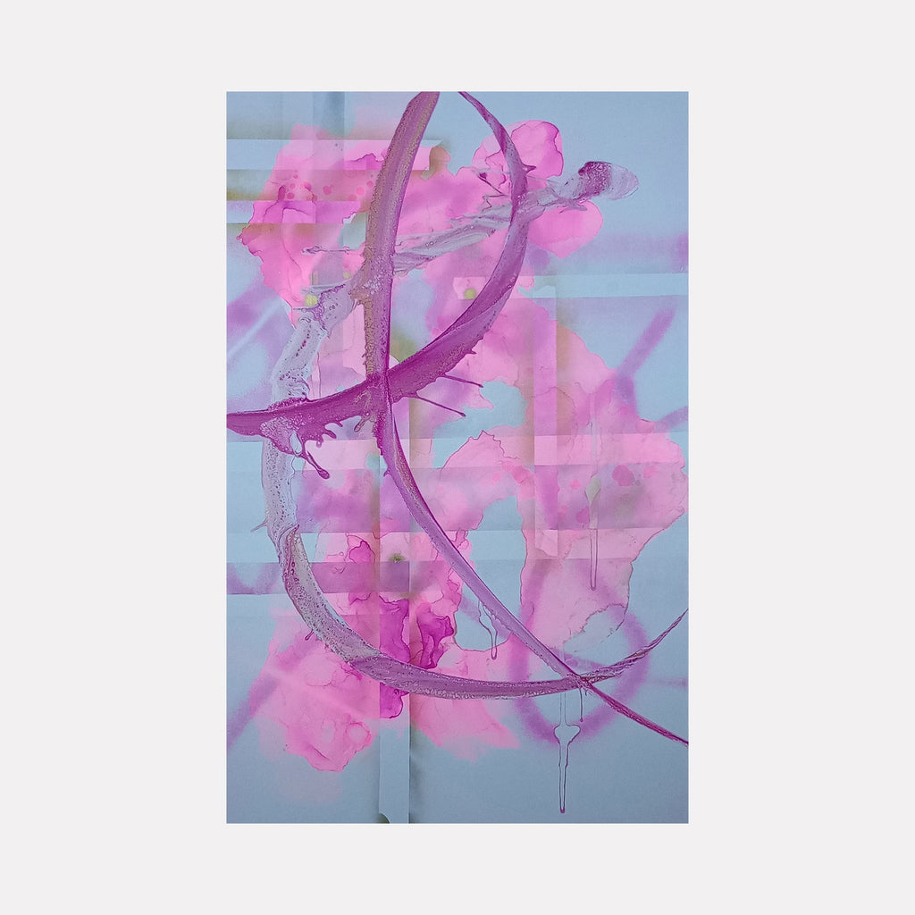 The artwork 'Hope in Bloom' by Nicholas Franklin features ethereal brushstrokes of vibrant pink and purple hues dancing across a soft blue background. Fluid, curved lines sweep through the composition, creating dynamic movement while translucent watercolor-like effects blend seamlessly into the canvas, expressing a sense of lightness and optimism.