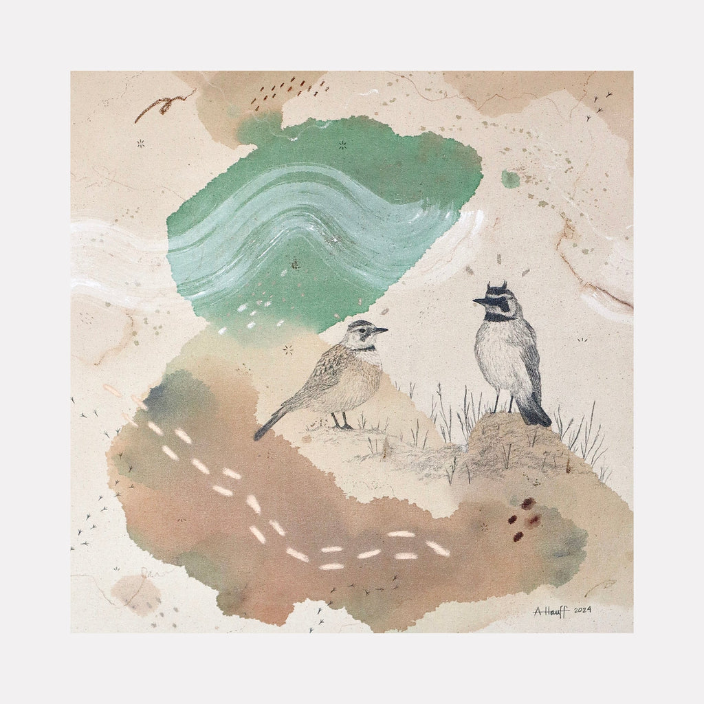The artwork "Horned Lark, Tinkling Song Across the Fields" depicts two horned larks perched on textured, earthy formations with abstract patches of green and brown watercolor washes suggesting fields and sky. The soft, muted tones and delicate brushstrokes create a serene natural scene. By Alicia Hauff.