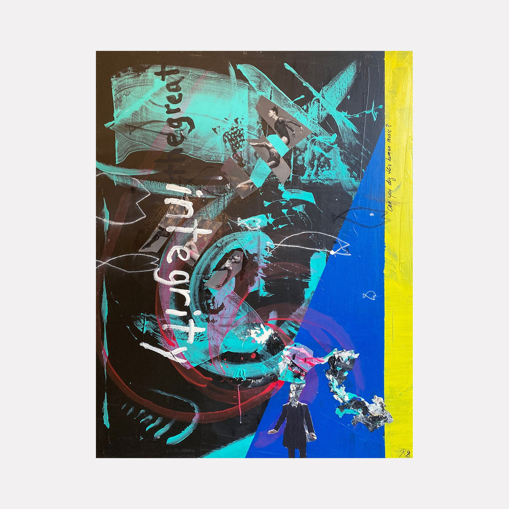 The artwork "How Now Tao" features a dynamic abstract composition with bold brushstrokes in teal, black, blue, and yellow. It includes textured layers, fragmented shapes, and handwritten text elements that evoke a sense of movement and depth. The piece combines mixed media with contrasting colors and expressive forms. By Roger Hsia.