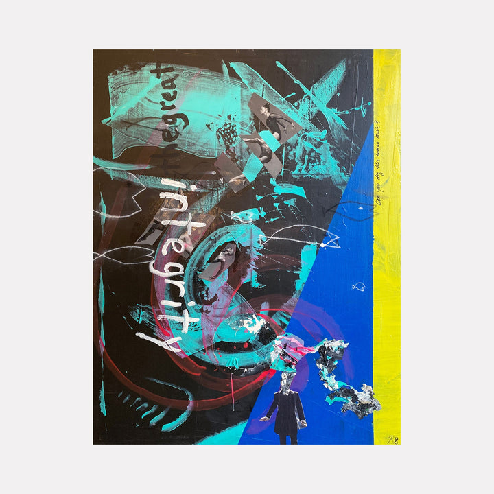 The artwork "How Now Tao" features a dynamic abstract composition with bold brushstrokes in teal, black, blue, and yellow. It includes textured layers, fragmented shapes, and handwritten text elements that evoke a sense of movement and depth. The piece combines mixed media with contrasting colors and expressive forms. By Roger Hsia.