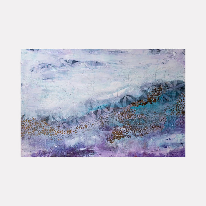The artwork "I Belong in This World Just As I Am" by Deborah Chaney features a serene abstract landscape with soft layers of lavender, blue, and white hues. Textured patterns resembling geometric and floral motifs flow across the canvas, evoking a meditative quality similar to the styles of Agnes Martin and Mark Rothko, blending subtle light and depth.