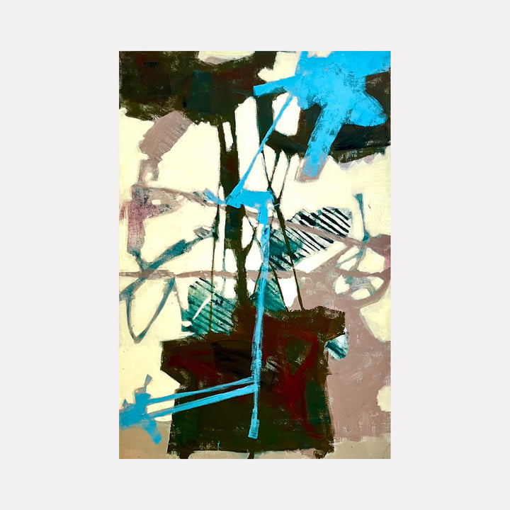 The artwork "IKEBANA" by John Goetz features an abstract composition with angular and linear shapes in vivid blue contrasted against muted beige and dark olive backgrounds. The textured layering and intersecting forms evoke the geometric abstraction of Piet Mondrian and the dynamic brushwork reminiscent of Franz Kline’s expressive style.