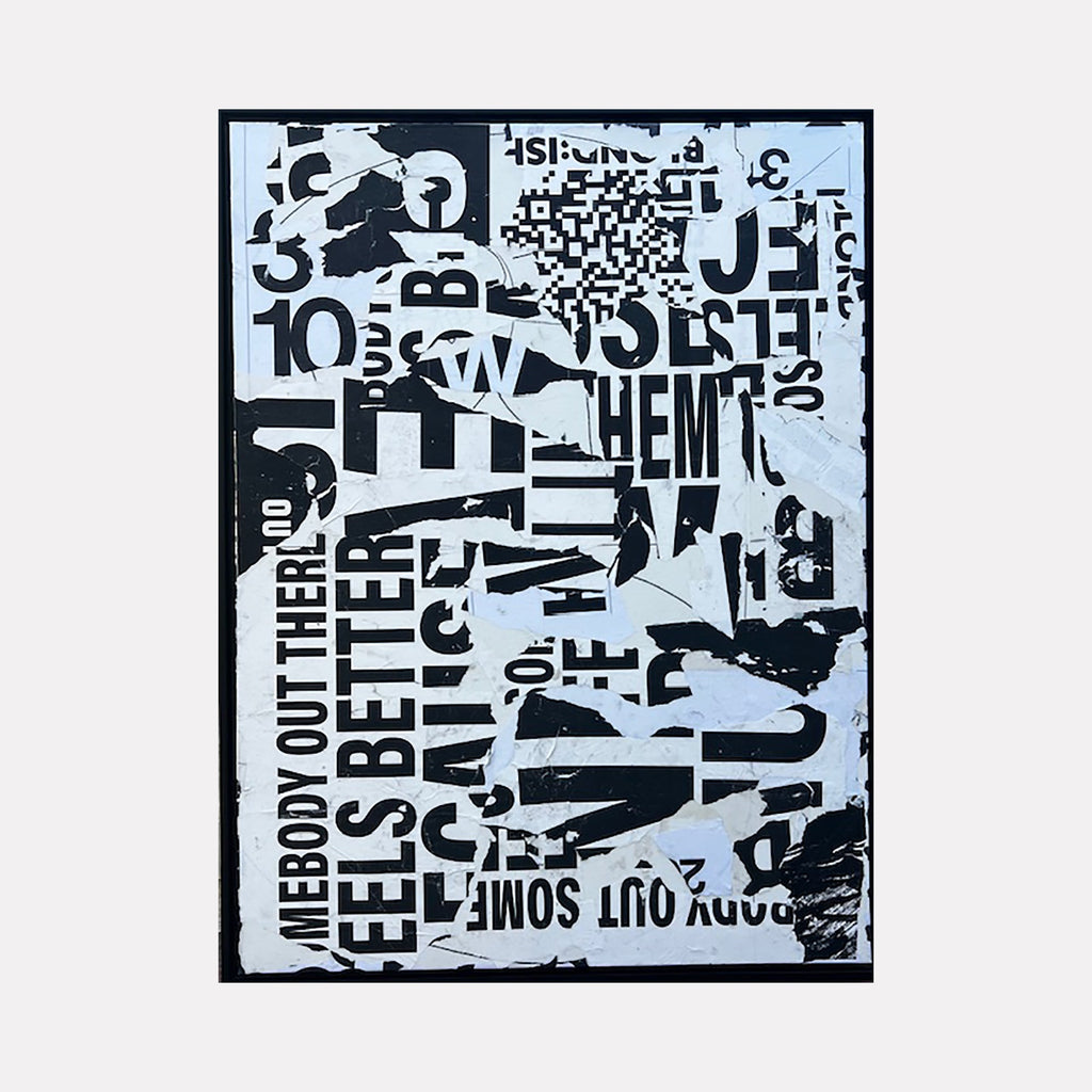The artwork "IMG_2152" by Amy Turner features a dynamic collage of fragmented black and white typography and torn paper textures, reminiscent of the urban street art style and the graphic works of Barbara Kruger. The composition uses bold contrasting shapes and letters to create an abstract, layered visual effect that feels raw and contemporary.
