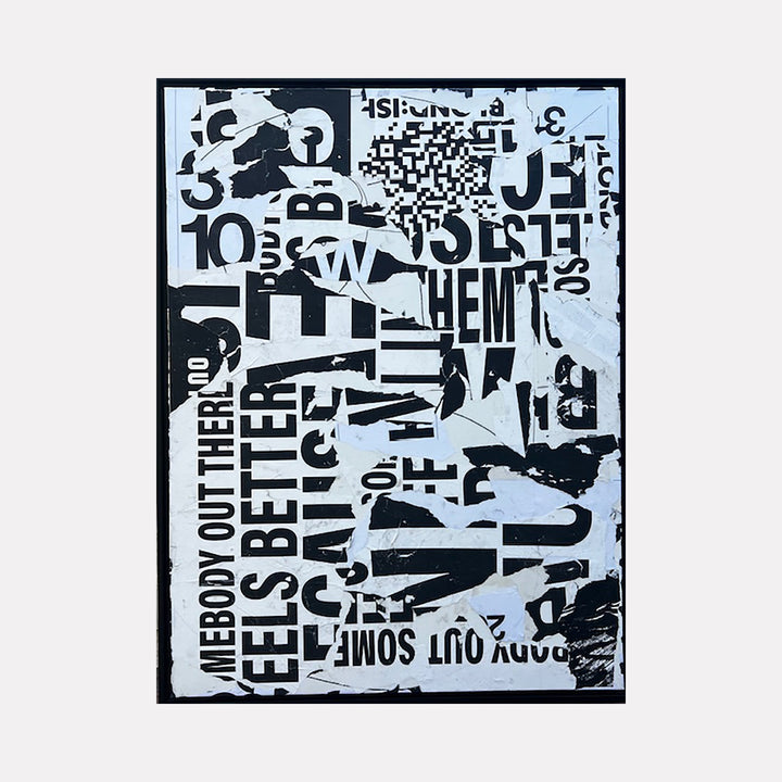 The artwork "IMG_2152" by Amy Turner features a dynamic collage of fragmented black and white typography and torn paper textures, reminiscent of the urban street art style and the graphic works of Barbara Kruger. The composition uses bold contrasting shapes and letters to create an abstract, layered visual effect that feels raw and contemporary.