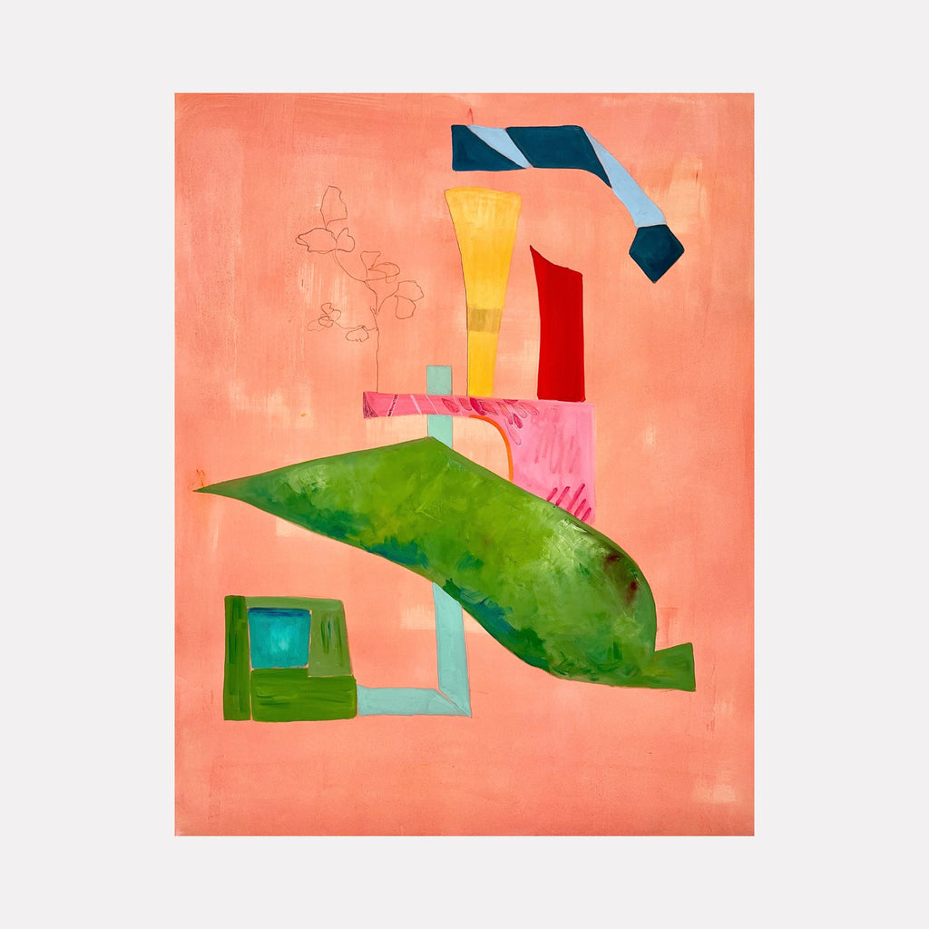 A Balancing Act by Gail Winbury presents an abstract arrangement of geometric shapes and bold blocks of color, including vibrant greens, deep reds, and soft blues on a warm coral background. The composition conveys a sense of dynamic equilibrium through layered forms and textured brushstrokes, evoking a thoughtful interplay of balance and movement.