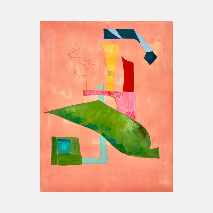 A Balancing Act by Gail Winbury presents an abstract arrangement of geometric shapes and bold blocks of color, including vibrant greens, deep reds, and soft blues on a warm coral background. The composition conveys a sense of dynamic equilibrium through layered forms and textured brushstrokes, evoking a thoughtful interplay of balance and movement.