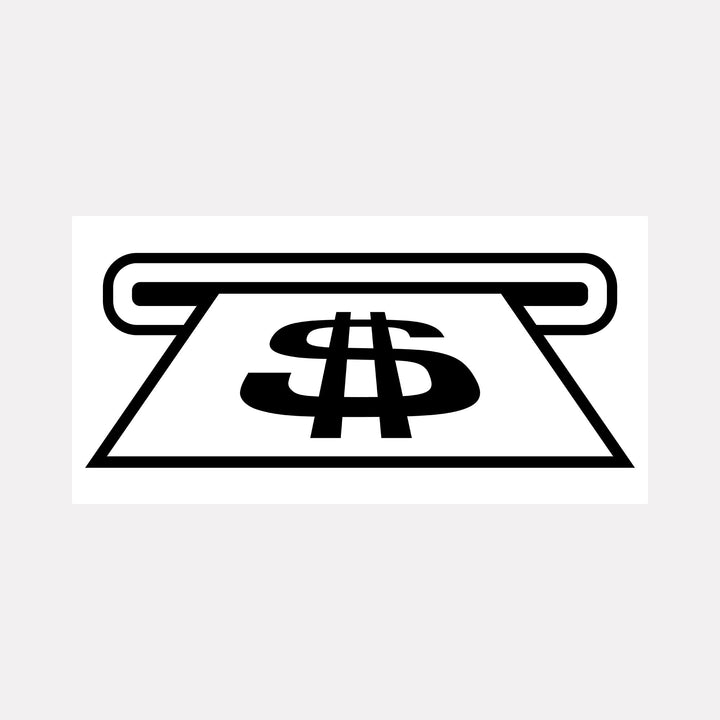 The artwork "INSERT CASH" by Harold Herb features a minimalist black and white design of a stylized dollar bill emerging from a slot, rendered with clean, bold lines. The composition’s graphic clarity and symbolic form evoke the conceptual simplicity found in the works of Sol LeWitt and the iconographic precision of early pop art pioneers.