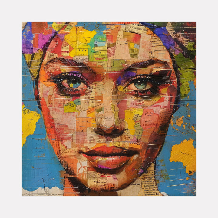 The artwork "International Woman" by Claudia Sauter in gallery position 1 features a mixed media portrait with a woman's face composed of layered map fragments in warm oranges, yellows, and blues. The textured collage evokes the intricate detail of Hannah Höch and the vibrant color contrasts reminiscent of Jean-Michel Basquiat’s dynamic compositions.