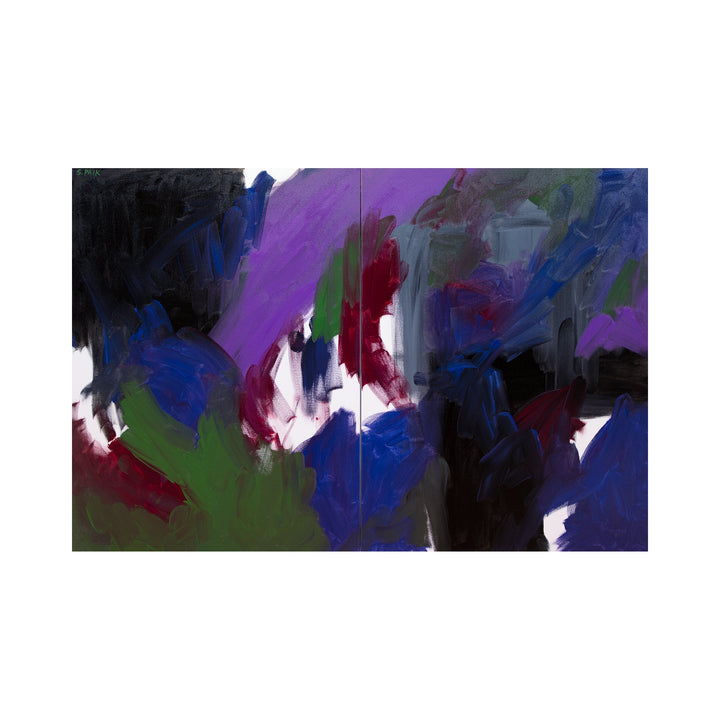 The artwork "IPAOC0235" by Saehyun Paik features an abstract landscape with bold, sweeping brushstrokes in deep blues, purples, greens, and touches of black and red. The layered textures and dynamic forms evoke the expressive abstraction of Helen Frankenthaler and the vivid color contrasts reminiscent of Joan Mitchell's landscapes.