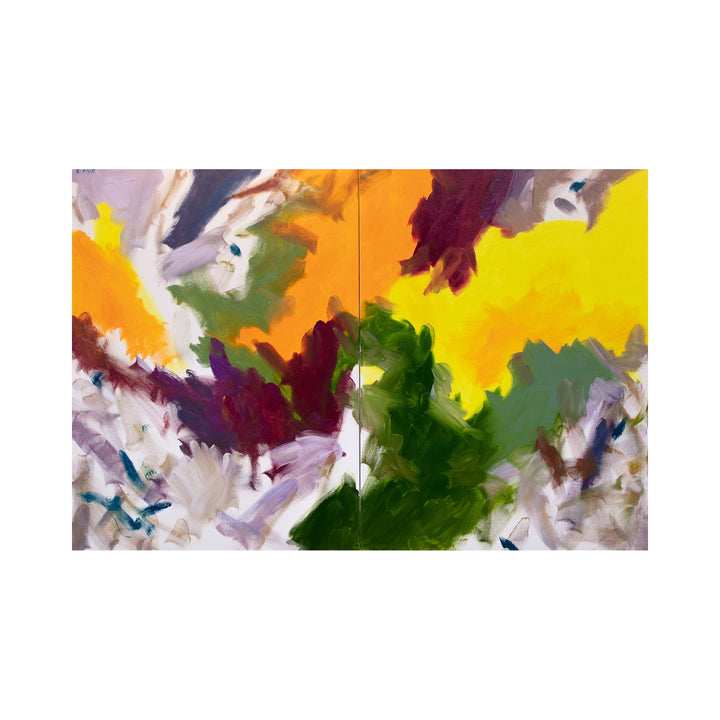 The artwork "IPAOC0236" by Saehyun Paik features an abstract landscape with bold, sweeping brushstrokes in vibrant oranges, deep greens, bright yellows, and muted purples. The dynamic composition and rich textures evoke the expressive abstraction of Joan Mitchell and the color intensity found in works by Helen Frankenthaler.