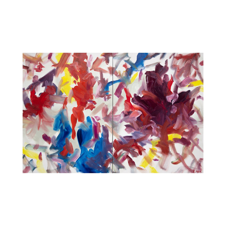 The artwork "IPAOC0237" by Saehyun Paik is a large abstract landscape composed of dynamic, sweeping brushstrokes in vibrant reds, blues, purples, and touches of yellow against a white background. The textured, expressive style evokes the energetic abstraction of Willem de Kooning and the color fluidity found in Helen Frankenthaler’s work.